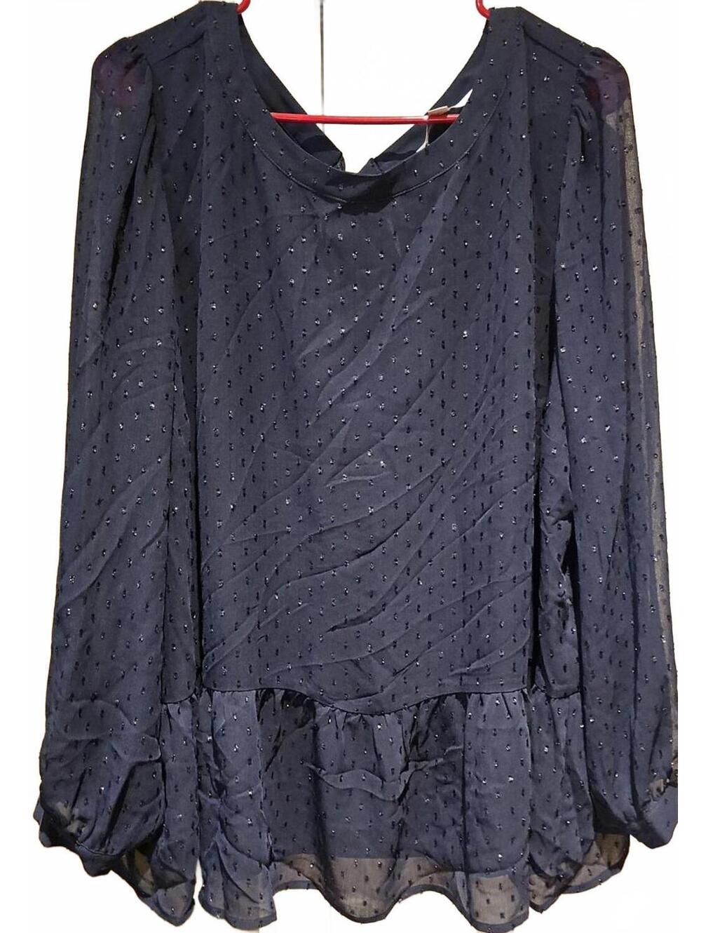 LOFT Blouse Navy Blue Sparkle Swiss Dot Tie Back Sheer Long Sleeves Size 18